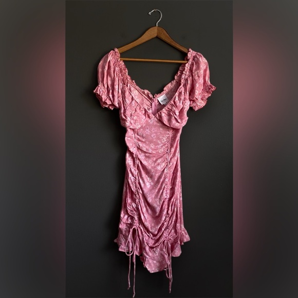 Sky to Moon Pink White Ditsy Floral Mini Cinched Dress Bodycon Retro Coquette M - Picture 4 of 8